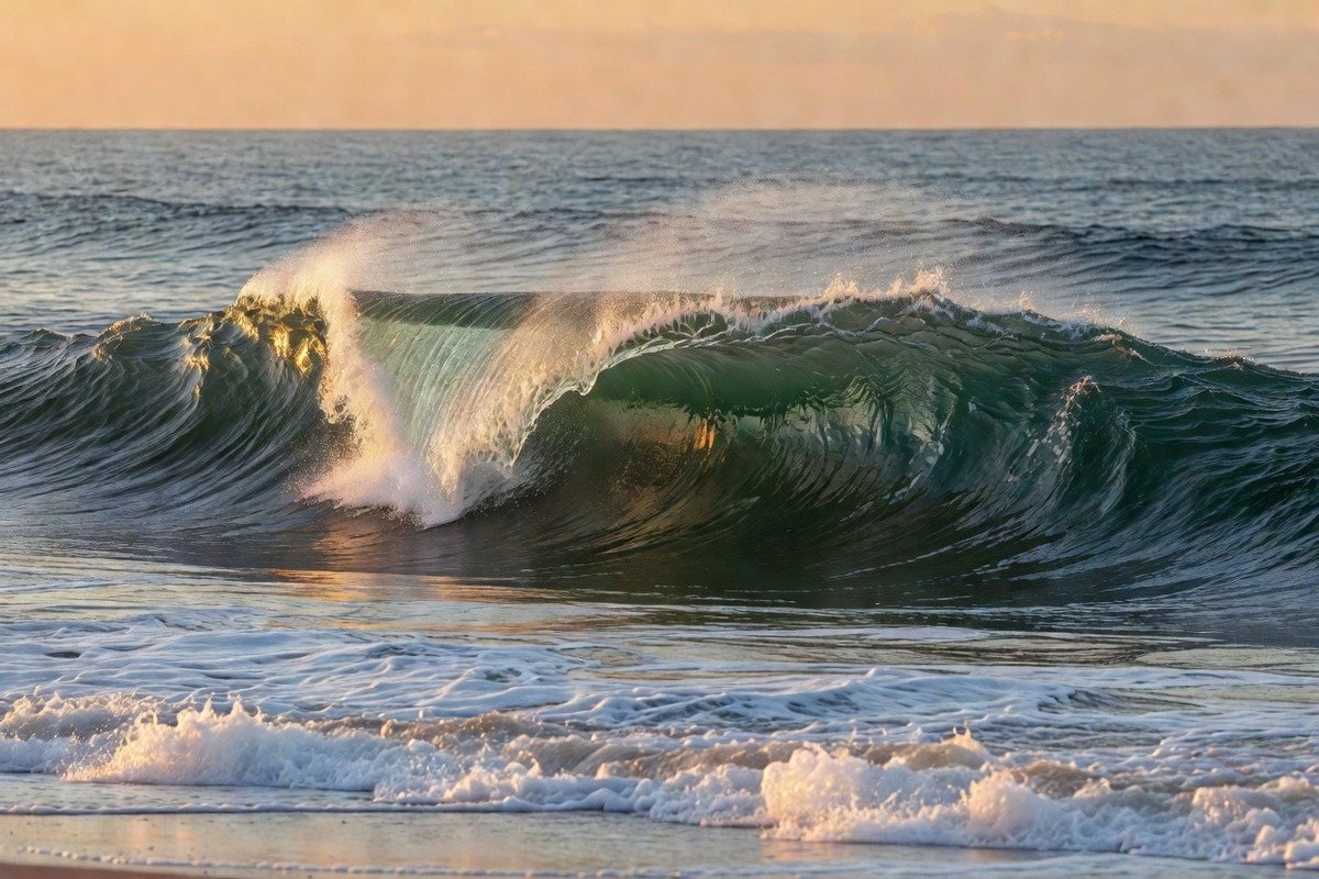 A golden late-afternoon wave forming a tube