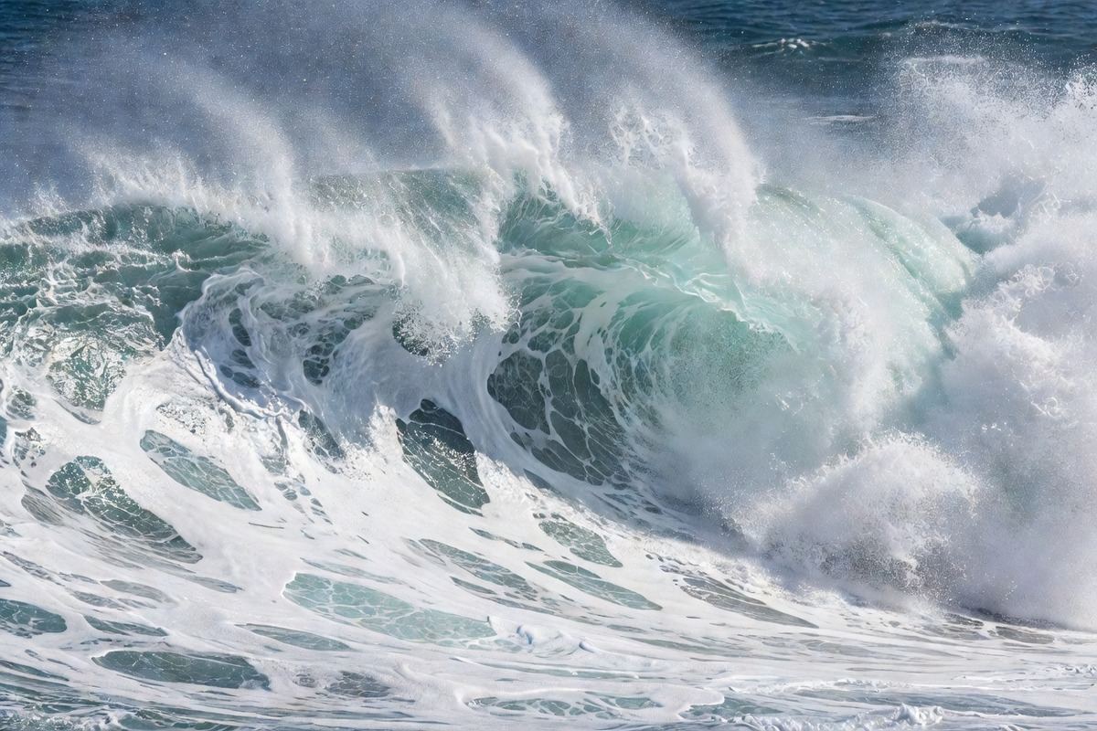 A wave breaking into whitewater